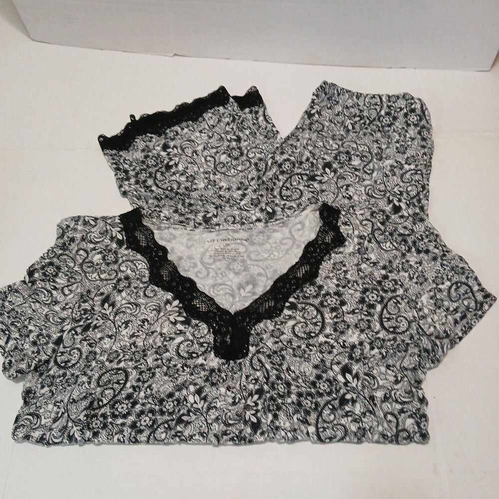 Liz Claiborne Black White Paisley Black Lace Trim Pajama Set Women-M Soft Comfy